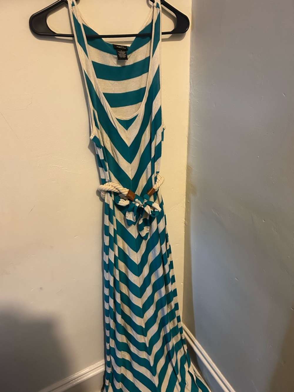 Rue21 Teal and Cream Striped Maxi Dress with Rope Tie